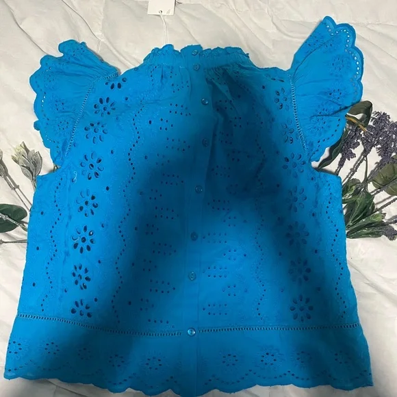 Blue Eyelet Lace Cotton Blouse - Picture 6 of 9